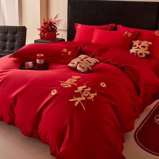 结婚床上用品四件套喜庆刺绣被套新婚陪嫁磨毛大红色床单床上用品