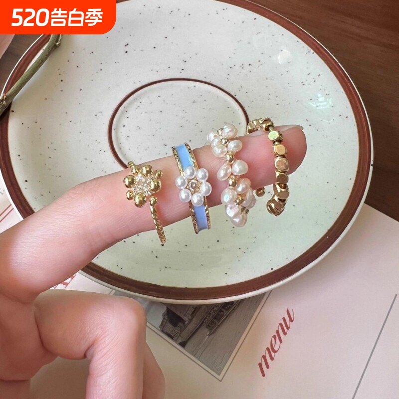 珍珠戒指小众潮珐琅装饰女款设计高级感独特素圈指环2025年新款