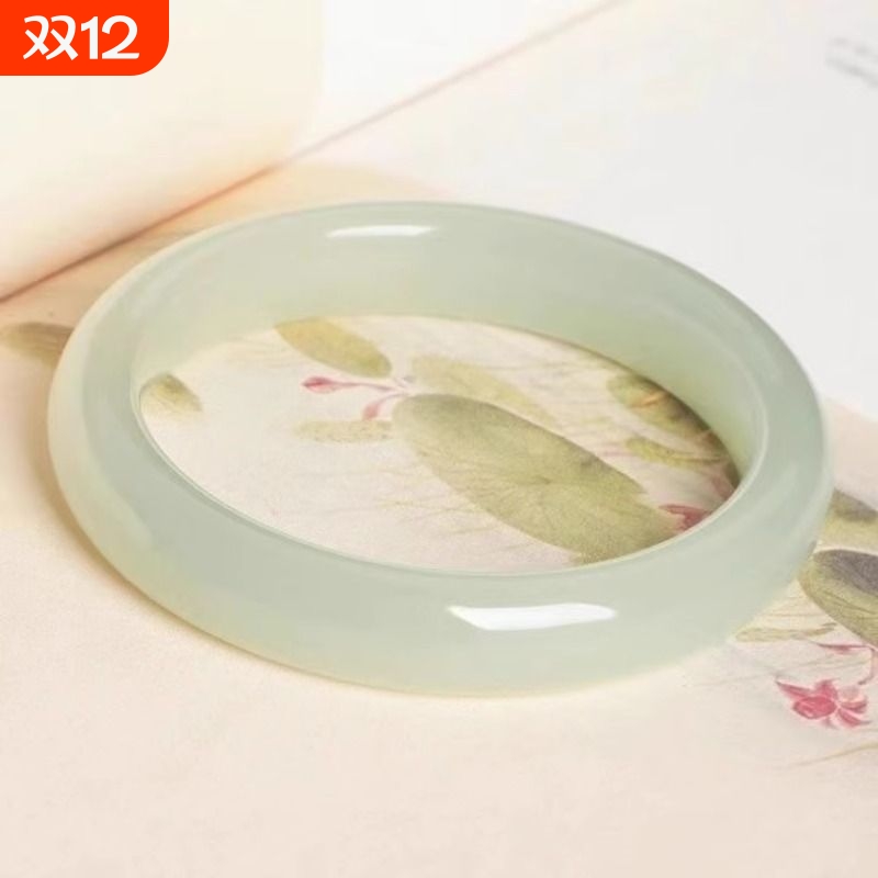 和田玉青白玉手镯宽手镯冰晴水少女款玉镯圆条平替仿新疆玉石镯