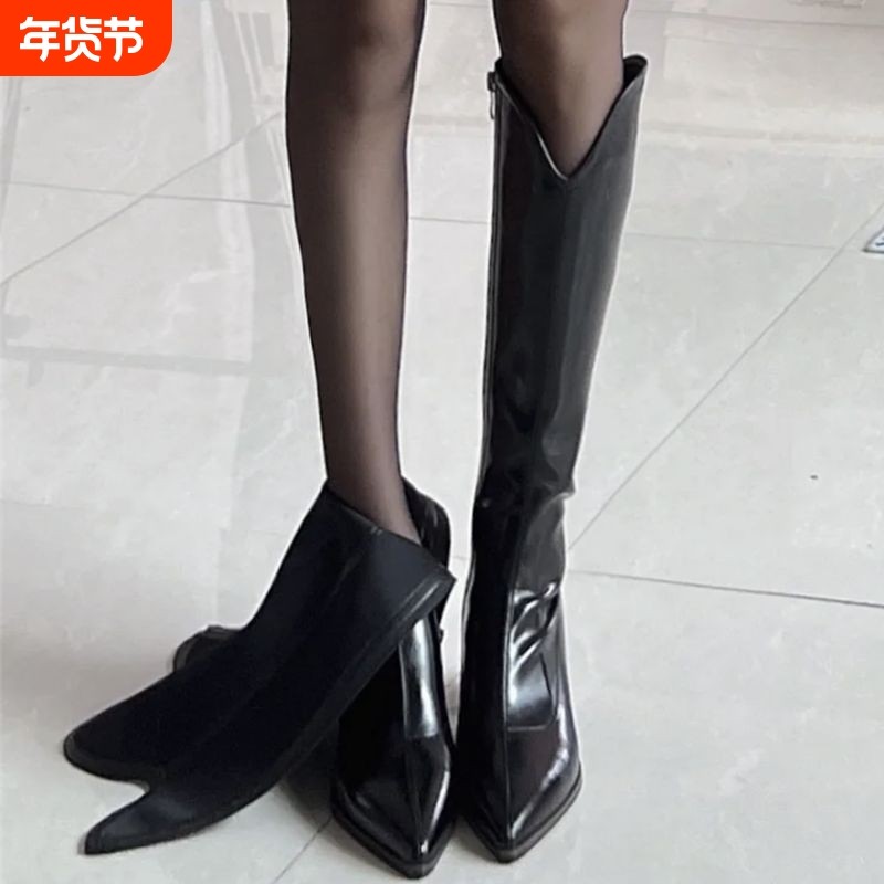 幂琳高筒靴V口长筒靴女2025年秋新款粗跟高跟靴小个子长靴百搭骑,女鞋,骑士靴,淘宝优惠券,粉丝福利购,淘宝优惠卷