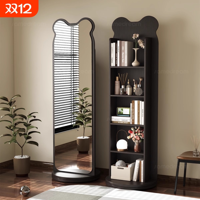 实木小熊异形落地书架镜子