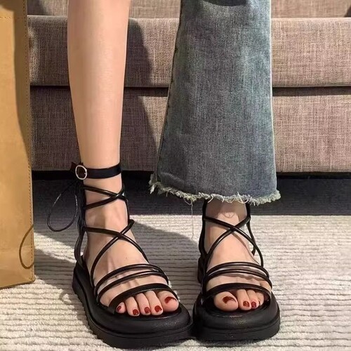 意尔康心选凉鞋女夏2026新款侧拉链高帮平底绑带时尚外穿软底凉靴