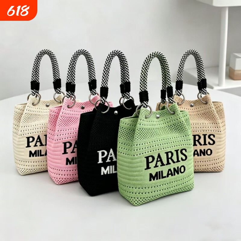 夏季韩版针织手提包文艺简约PARIS包镂空轻奢通勤大容量女包袋子