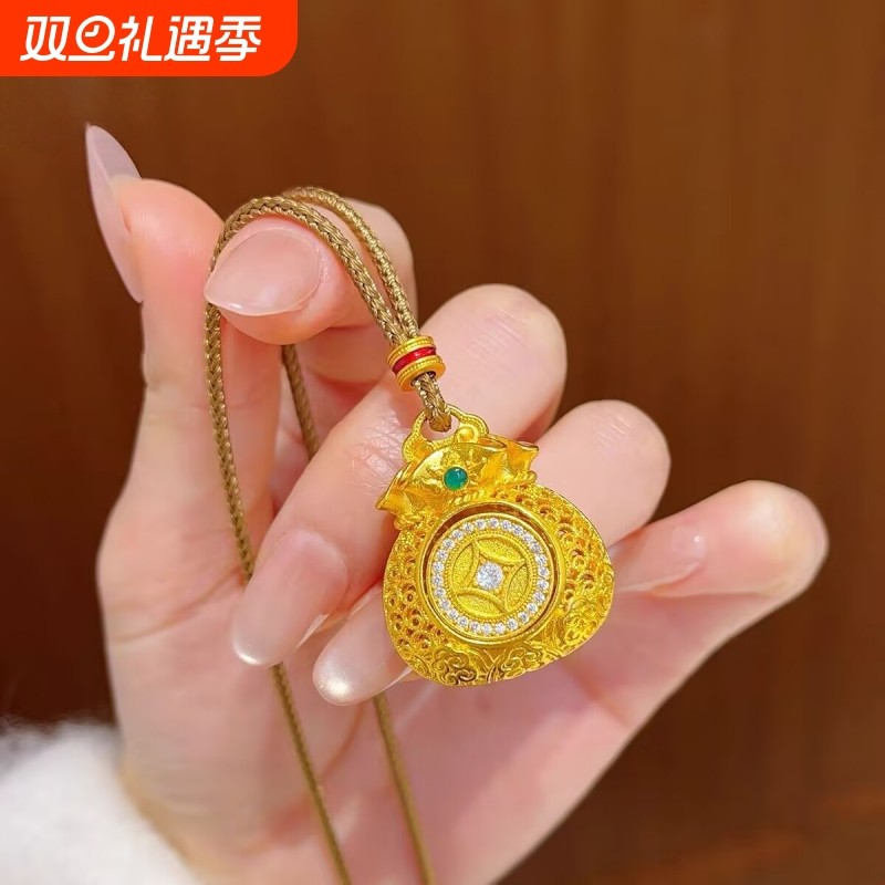 周家同款碎碎冰项链绿钻可转动钱币福袋吊坠花丝沙金吉言项链