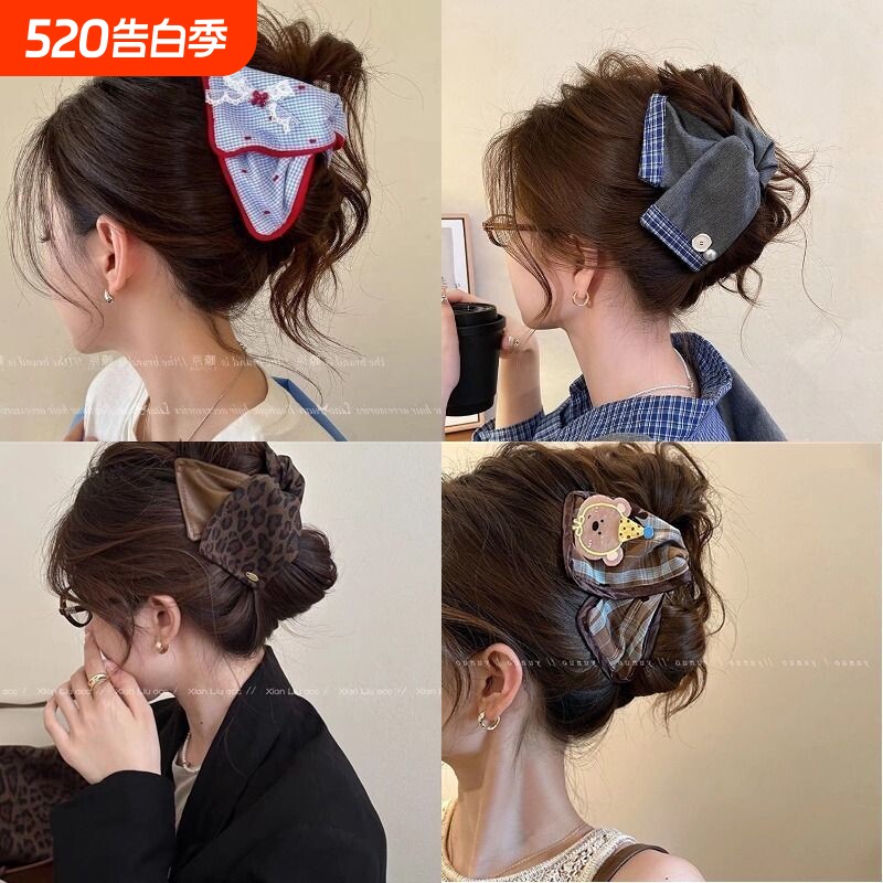 复古皮质豹纹卡通蕾丝格纹三角抓夹新款高级百搭后脑勺鲨鱼夹头饰