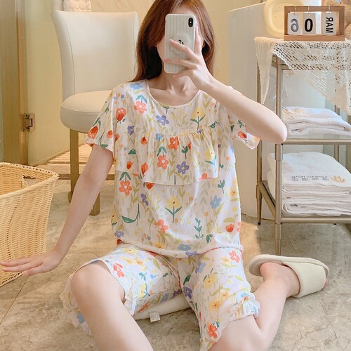 防凸点甜美睡衣女夏超薄棉绸夏天短袖中裤荷叶边套装家居服人造棉