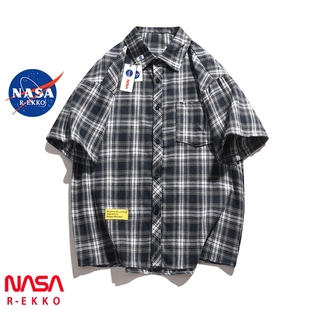 男夏季 高级感痞帅外套宽松休闲短袖 潮牌格子衬衫 NASA联名美式 衬衣