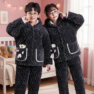 儿童睡衣冬季三层夹棉加厚法兰绒男孩女童家居服套装可外穿珊瑚绒