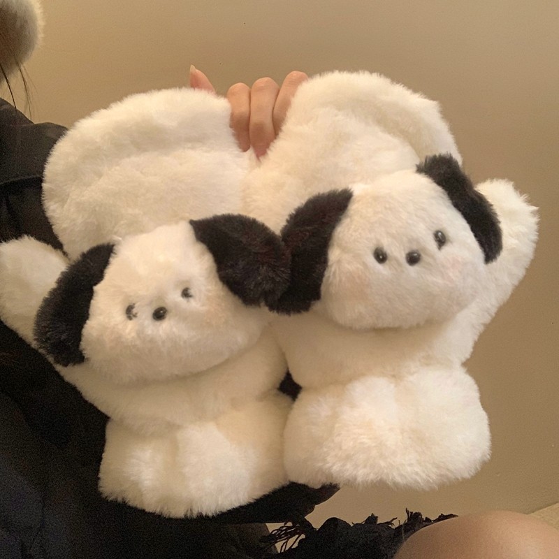 可爱小狗毛绒手套女秋冬季加厚保暖骑行学生挂脖全包连指防风防寒