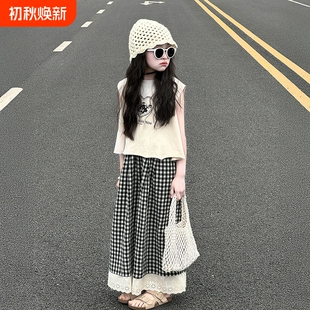 女童夏装时髦套装2026新款女大童镂空短袖T恤儿童格子裤薄款白色