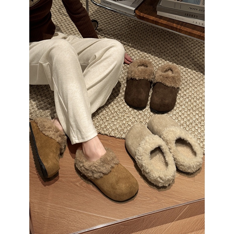 贾不假毛毛鞋女外穿2025新款秋冬季包头加绒保暖棉鞋子复古半拖鞋