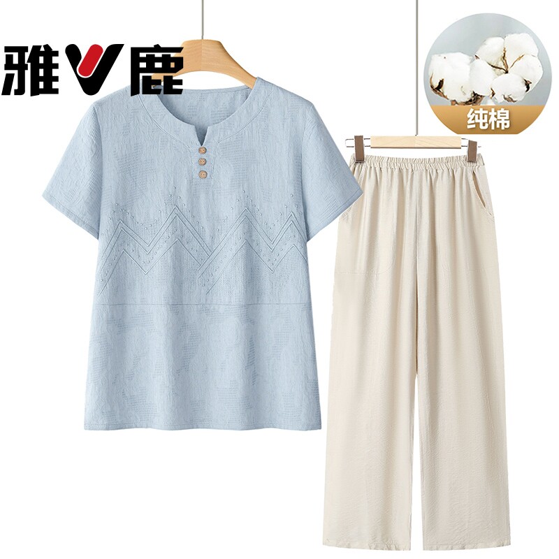雅鹿中老年人纯棉短袖T恤夏装洋气妈妈端庄大气衣服大码上衣套装