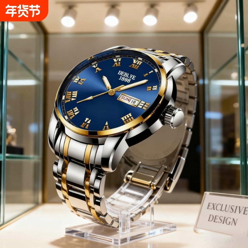 男士手表男正品名牌全自动非机械表钢带男款商务防水石英腕表老人