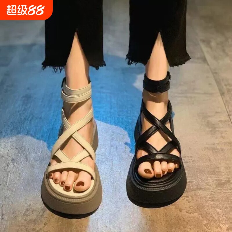 意尔康心选时尚厚底松糕底凉鞋女2025夏季新款百搭交叉细带后拉链