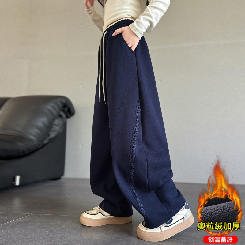 女童装加绒卫裤冬装新款中大童洋气时髦拼蕾丝花边女孩弯刀运动裤
