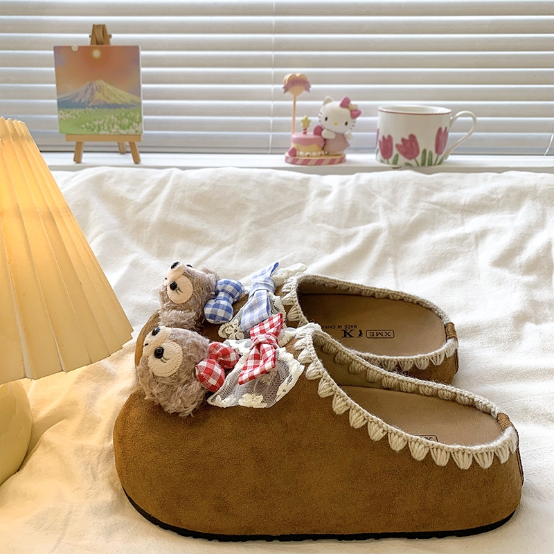 可爱花边勃肯鞋包头半拖鞋女外穿2025秋季新款内增高厚底博肯拖鞋