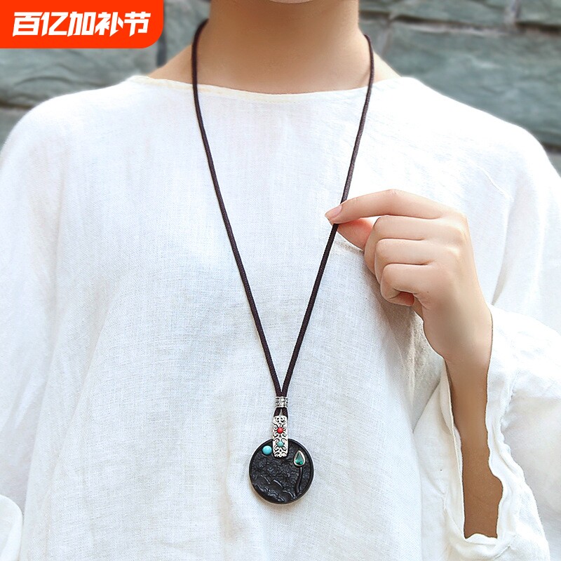 百搭民族风毛衣链复古挂件黑檀木吊坠长款项链女衣服配中国风饰品