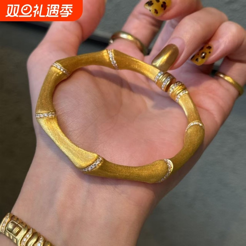 古法拉丝竹节手镯缎面丝绸感精致仿沙金手环轻奢小众设计手饰品