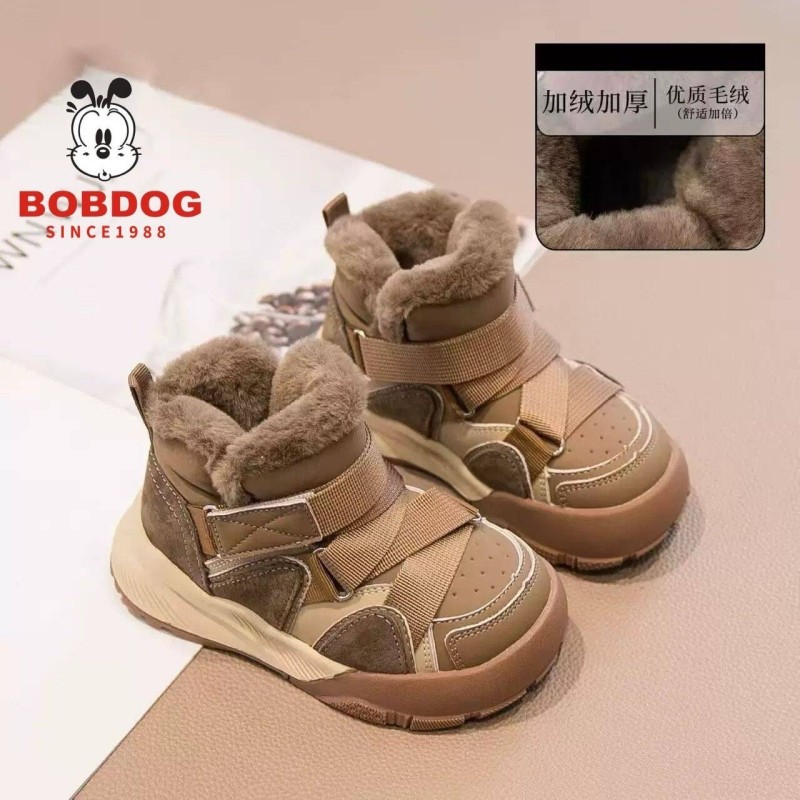 巴布豆真皮儿童雪地靴冬季新款女童棉靴加绒加厚男童保暖靴子防水
