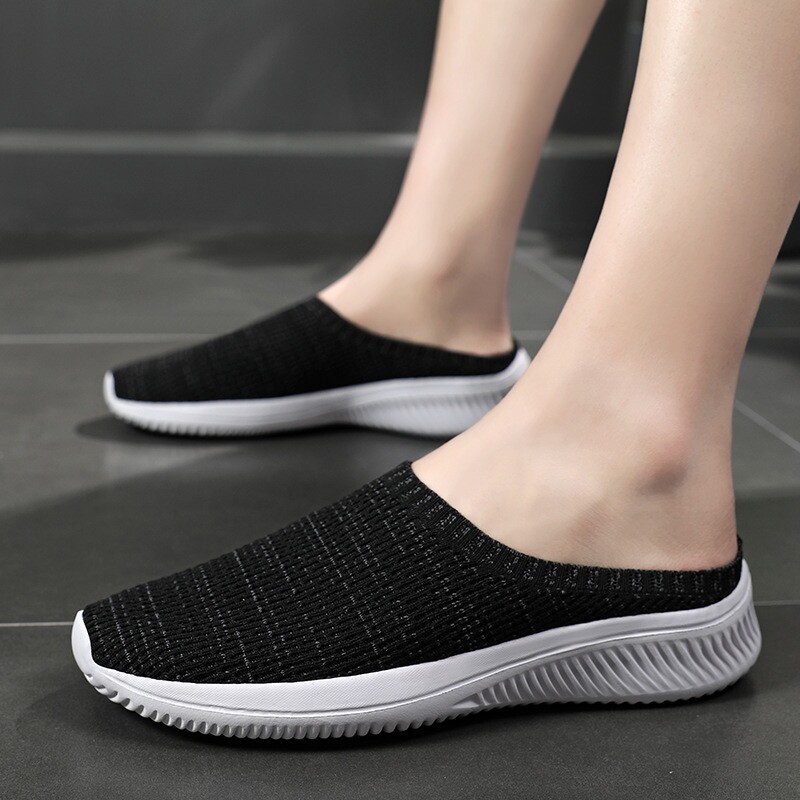 夏季透气大码男鞋外穿运动休闲飞织鞋46码懒人一脚蹬无后跟半拖鞋