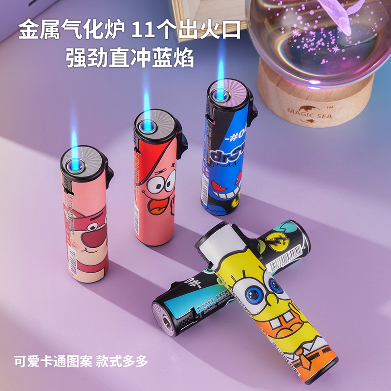 防风打火机金属圆柱防爆耐用可充气一次性可爱卡通包画商超批发