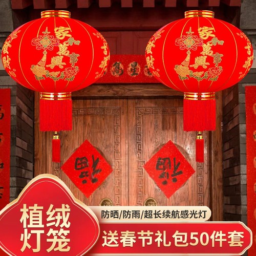 2026新款过年大红植绒灯笼一对春节大门口阳台装挂饰中国风吊宫灯
