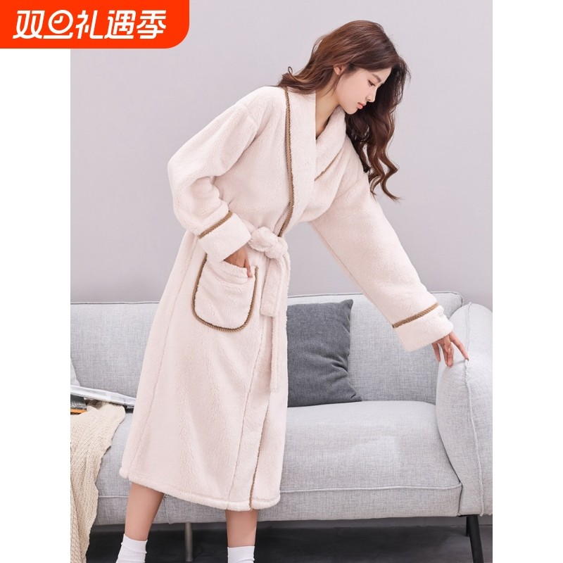 红豆睡袍女秋冬季珊瑚绒加绒加厚法兰绒浴袍男长款睡衣家居服大码