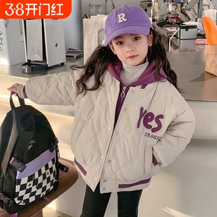 冬季儿童女童加厚棉衣短款夹棉夹克外套假两件连帽菱形格保暖棉袄