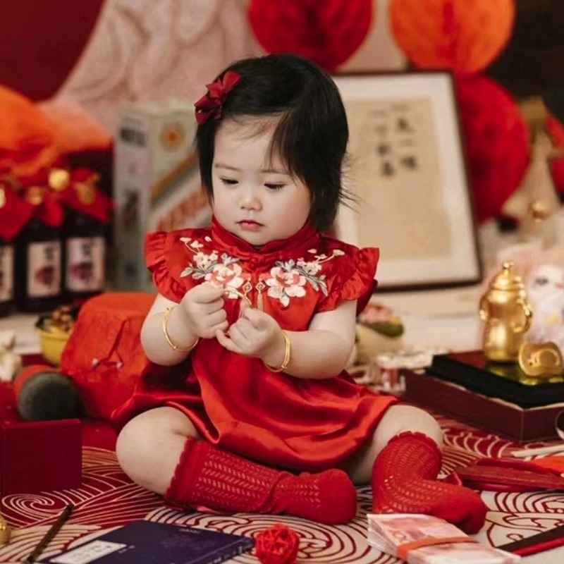 春夏女宝礼服新中式国风周岁红色喜气包屁衣满月百天生日抓周唐装