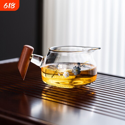 喜上眉梢280ml矮胖子公道杯公杯耐热分茶炫彩木把加厚茶漏高硼硅