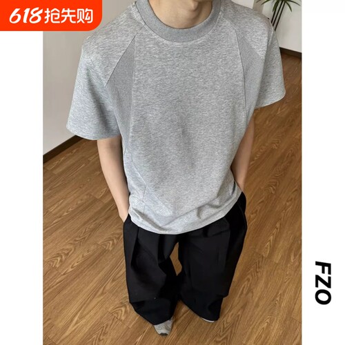美式boxy显宽垫肩短袖男款夏季潮牌痞帅设计感t恤速干重磅半截袖