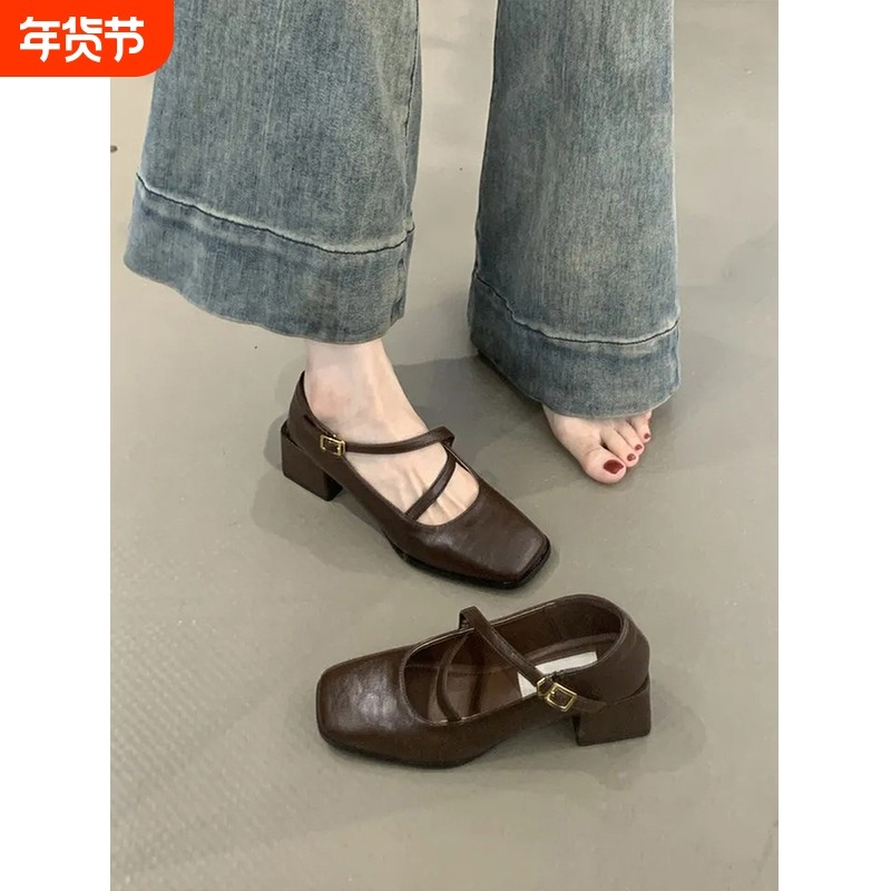 法式高跟鞋浅口粗跟单鞋女2025新款夏秋季配裙子乐福玛丽珍小皮鞋