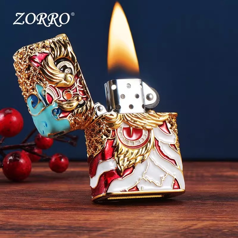 佐罗ZORRO原装舞狮打火机国潮珐琅彩纯铜防风砂轮打火机送人礼品