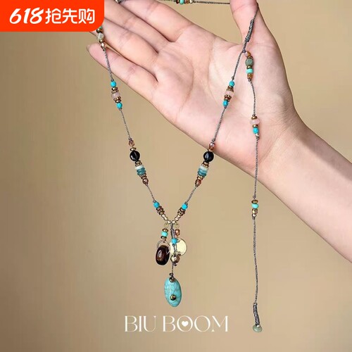 「biu boom」民族风绿色吊坠串珠项链复古个性小众简约锁骨链