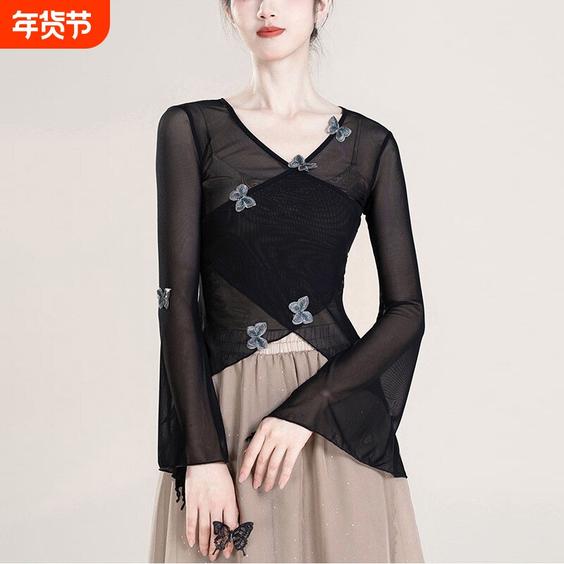 古典舞蹈服装蝴蝶网纱身韵纱衣中国舞民族舞练功服艺考形体上衣女