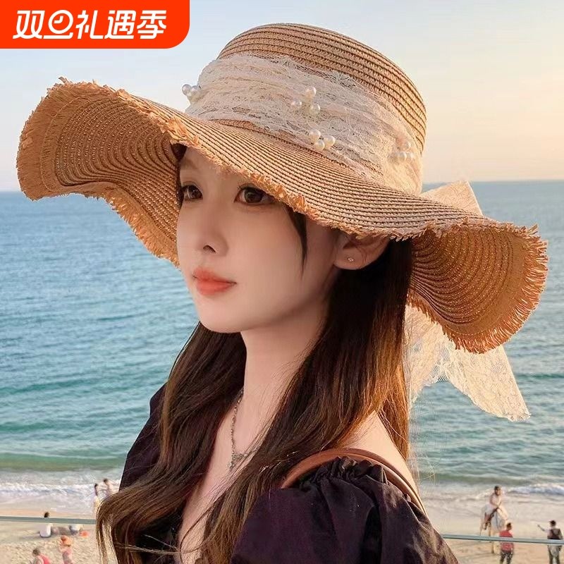 新款大蝴蝶结遮阳草帽女时尚气质大帽檐太阳帽防晒帽子手工防风