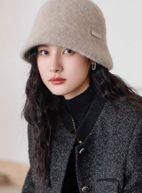 羊毛呢渔夫帽子女秋冬新款遮脸水桶帽显脸小盆帽可折叠黑色简约风