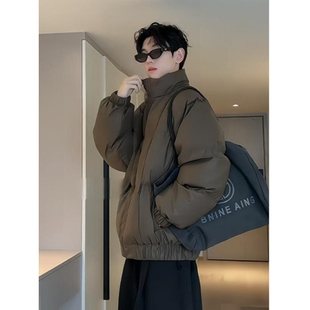 高街立领面包服 廓形pu皮衣外套美式 户外痞帅方格羽绒服男冬季 短款