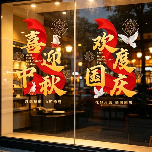中秋国庆玻璃贴纸爱国装饰品贴纸