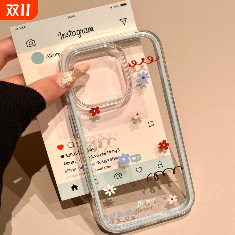 ins个性蓝黄线条小花适用iPhone17promax手机壳苹果16新款15pro简约14pro高级感13女14小众透明17全包防摔软