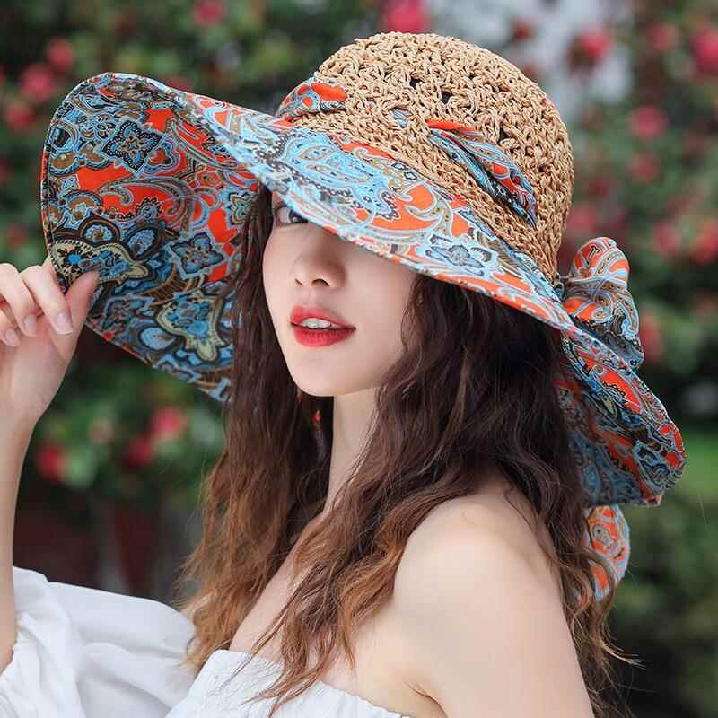 草帽女防晒遮阳沙滩海边大帽檐韩版度假出游太阳帽帽子大檐粉色