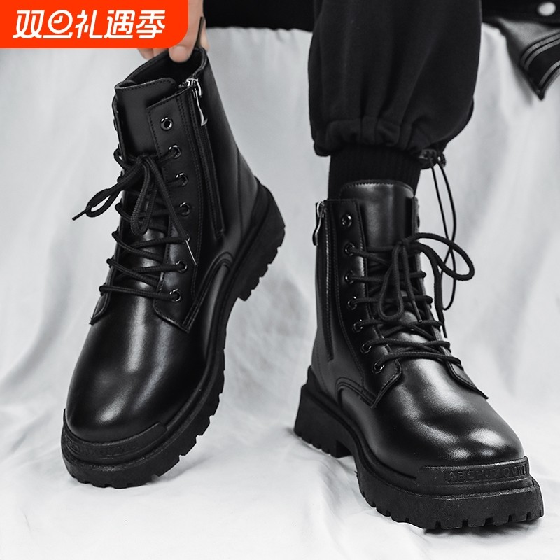 马丁靴男2025新款秋季黑色英伦风机车工装靴高帮冬季加绒保暖皮靴