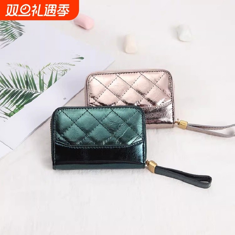 女士真皮钱包夏季镭射卡包卡套风琴拉链菱格牛皮ins小包