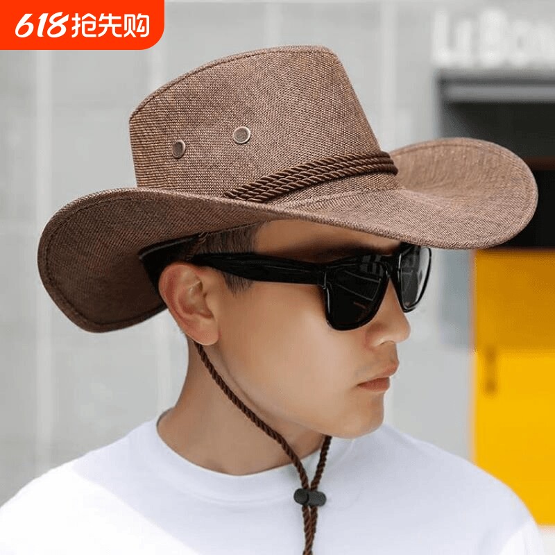 防晒西部牛仔草帽男士夏天沙滩帽户外帽子海边太阳帽遮阳帽大檐