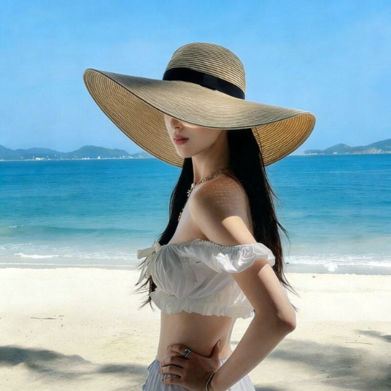 新款大帽檐草帽女夏季遮阳防晒草编帽子户外海边度假沙滩太阳帽潮