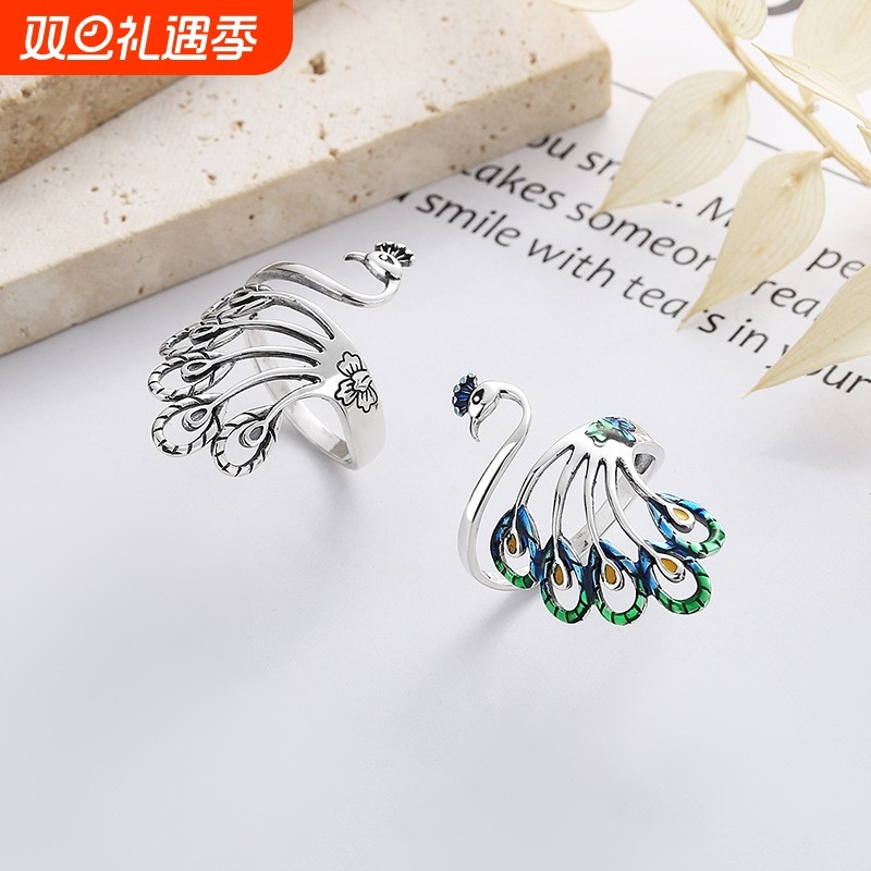 创意复古活口孔雀S925纯银宽面戒指女民族风泰银凤凰做旧戒指环