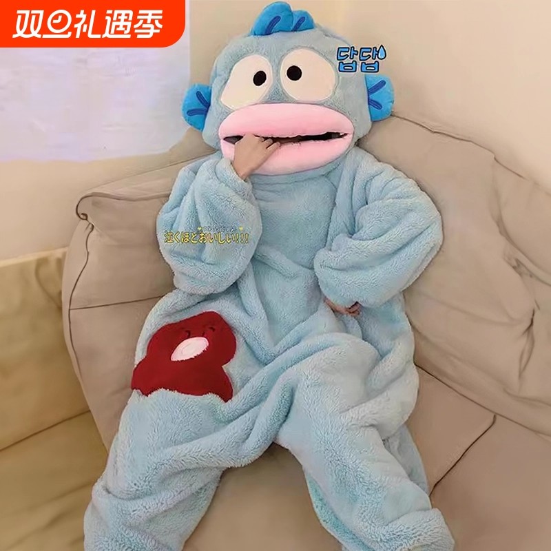 小丑鱼连体睡衣大嘴鱼秋冬季卡通加厚搞怪男女珊瑚绒家居服可外穿