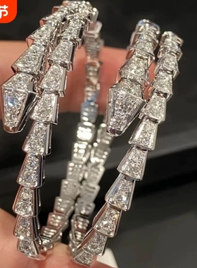 蛇形手镯女18k玫瑰金菱格满钻开口手环蛇头高级感送女朋友礼物