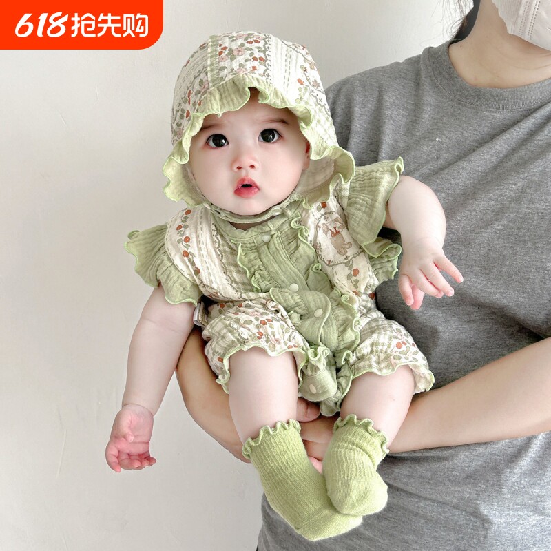 婴幼儿衣服宝宝夏装2026新款新生儿纯棉纱布连体衣薄款透气满月服