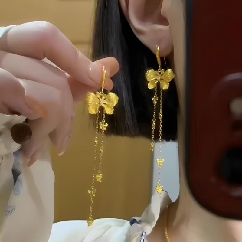 金色蝴蝶流苏耳环国风新中式长款气质耳饰镂空耳钉小众设计红色